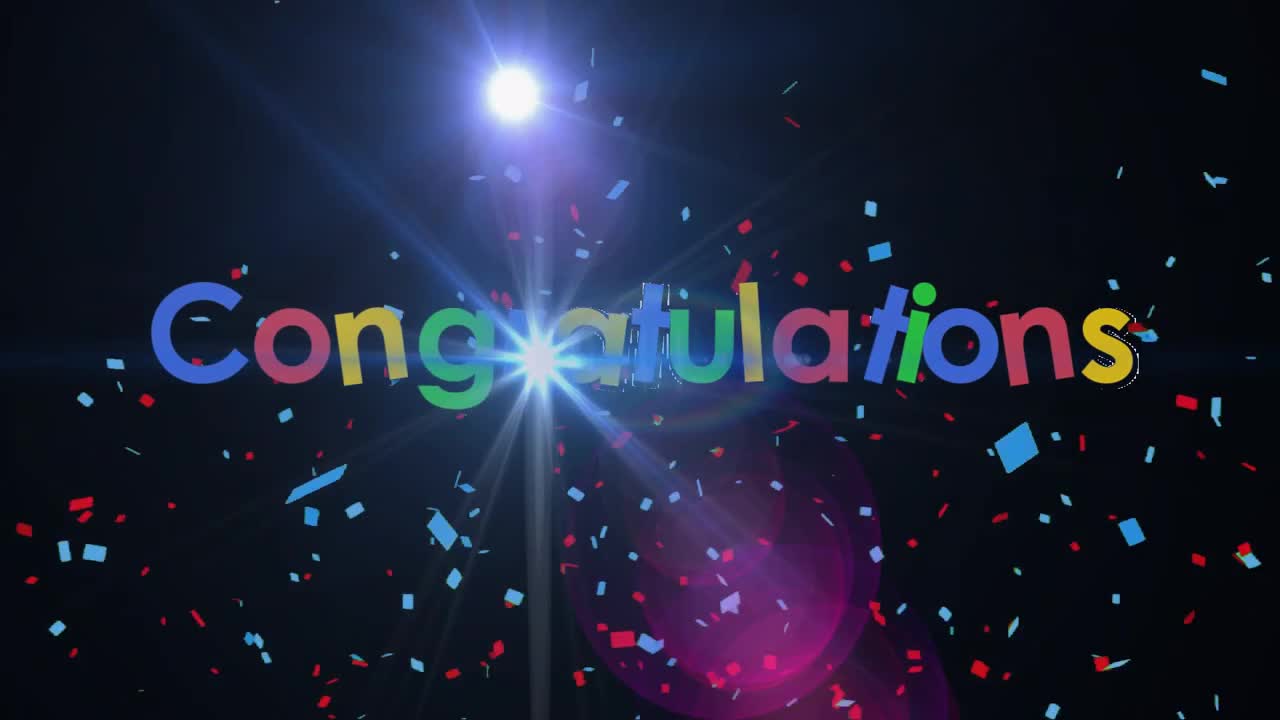 On black, confetti falling, Congratulations text showing, ring glowing, flare moving, celebrating