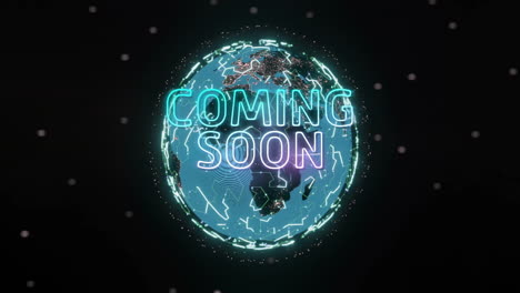 animation of coming soon text over network of connections and globe on black background