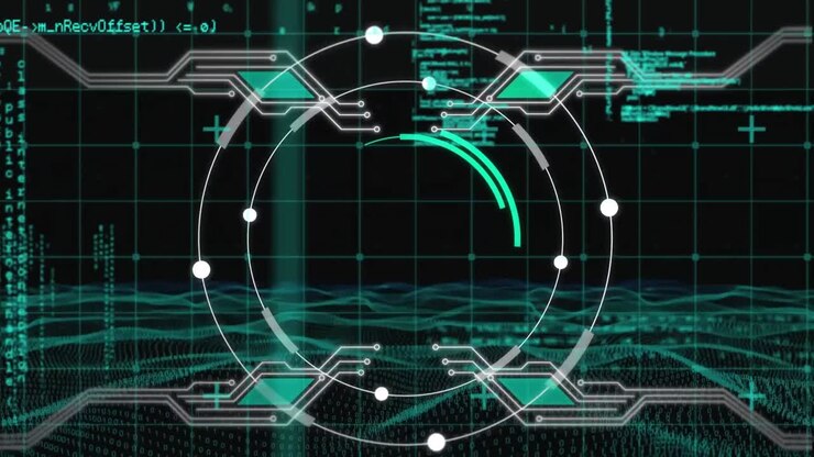 Animation of black digital screen with data and processing circle