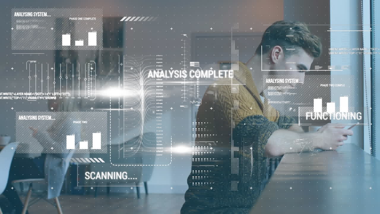 Animation of graphs, texts and computer language, caucasian man with coffee using cellphone