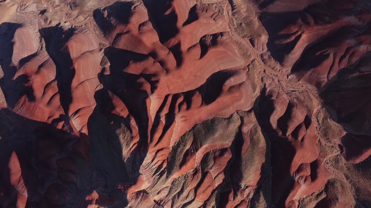 Una ripresa zenitale con drone cattura le surreali badlands del Deserto Dipinto. Colori terrosi vibranti e strati di sedimento unici creano uno sfondo naturale astratto di alta qualità.