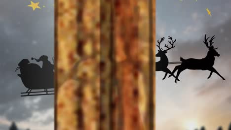 animation of stars falling over santa claus in sleigh with reindeer at christmas