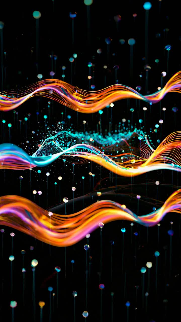 Abstract video art with colorful waves and glowing dots, viewed from a high angle
