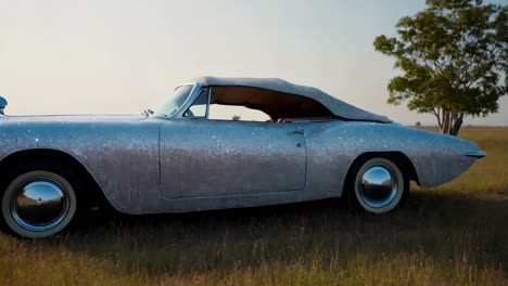 sparkly vintage convertible car in a field