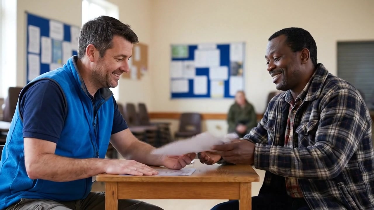 Two Men Reviewing Documents at a Table in a Community Center