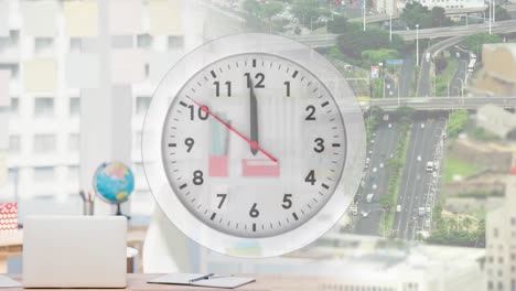 Animation-of-moving-clock-over-road-and-traffic-and-office