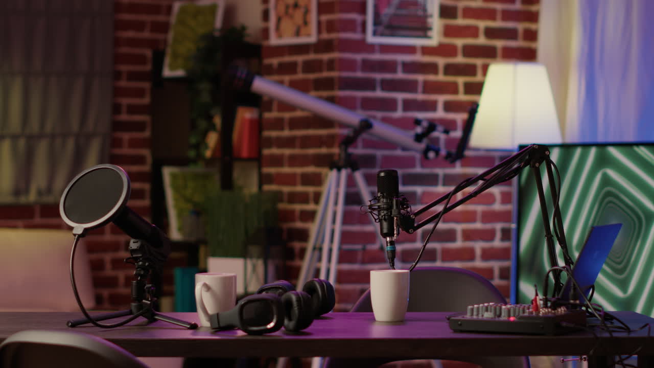 Empty vlogger desk with professional streaming equipment to broadcast live talk show