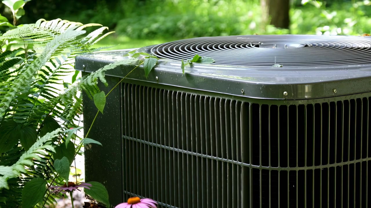 Outdoor Air Conditioner Unit Running in a Green Garden