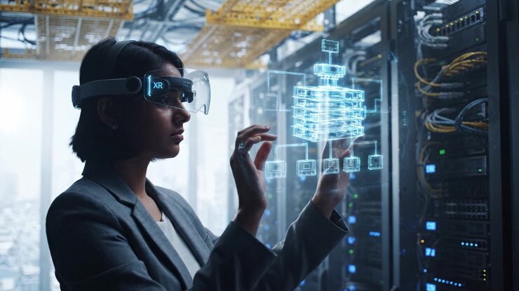 A Professional Engages with Augmented Reality Technology While Interacting with Data Visualizations in a High-Tech Server Room Environment