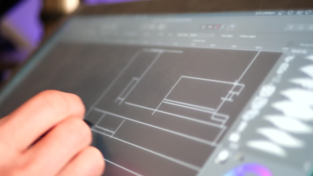 An architect sketching and drafting out blueprints for a building project on a digital graphic tablet in a design studio