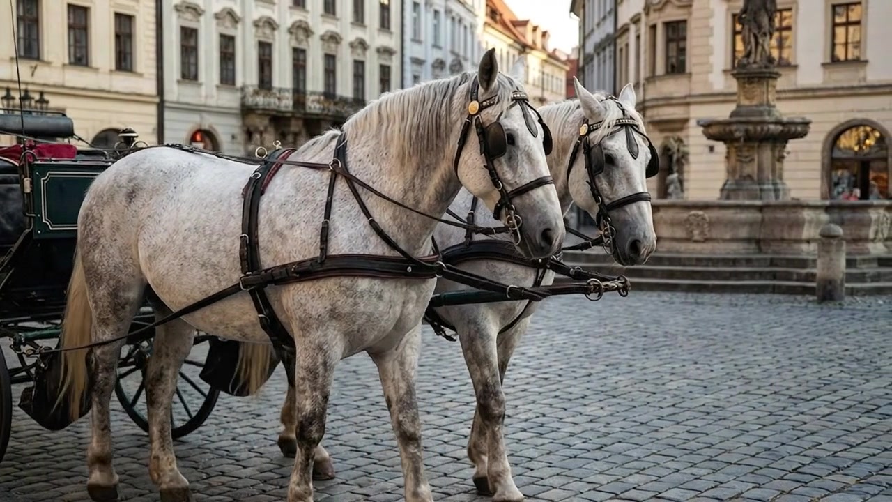 Due cavalli bianchi che tirano una carrozza in una piazza storica europea