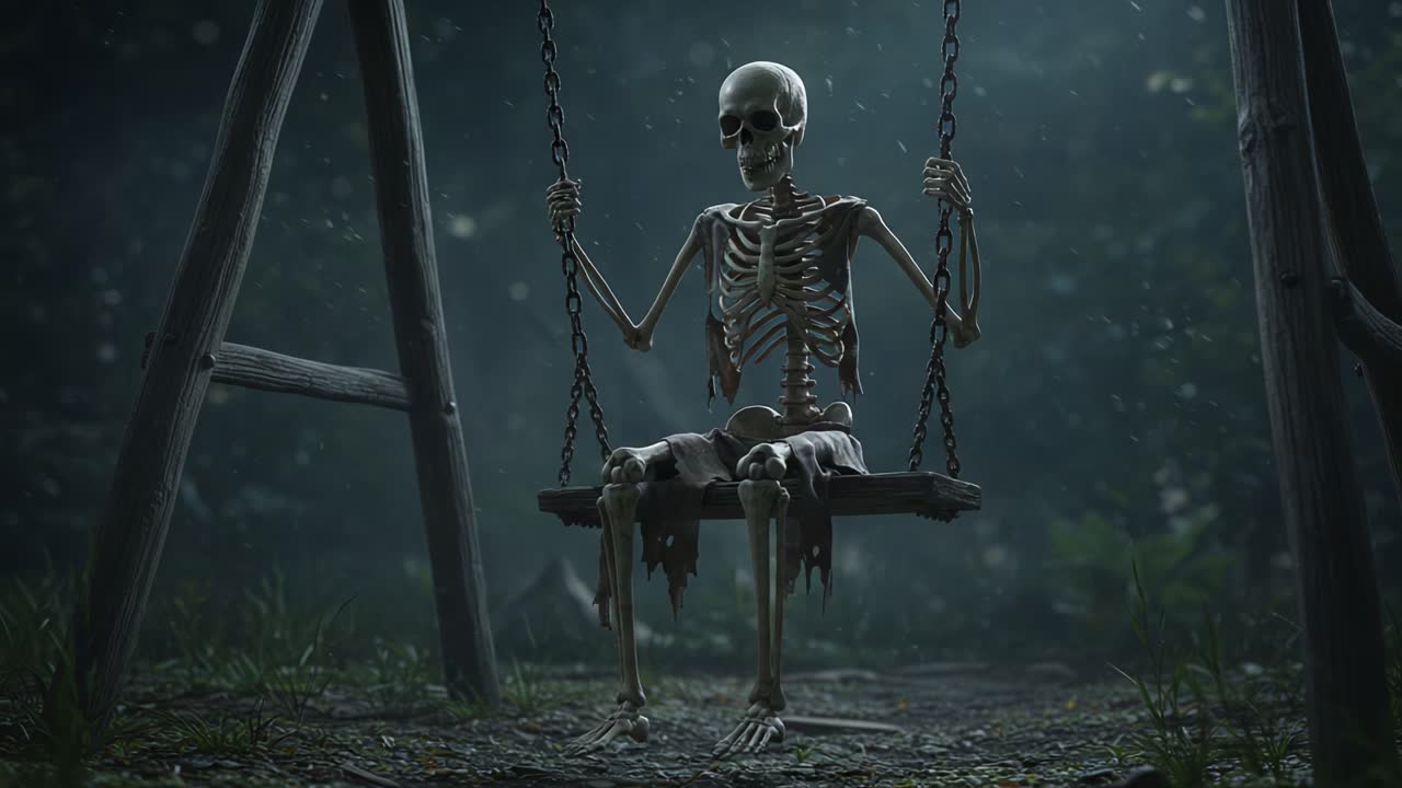 A solitary skeleton swings gently in a misty forest, evoking a haunting yet serene atmosphere that blends eerie elements with a sense of stillness and reflection