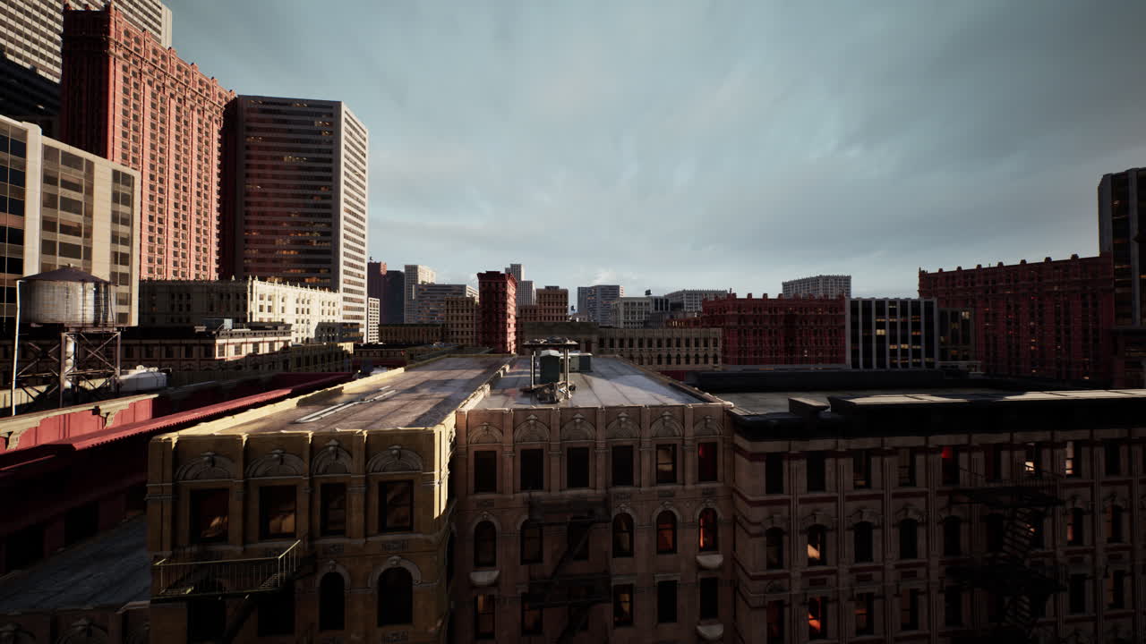 건물 과 물탑 을 가진 도시 풍경