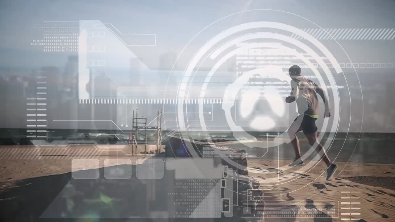 animación de pantalla digital y procesamiento de datos sobre hombre en forma corriendo por la costa
