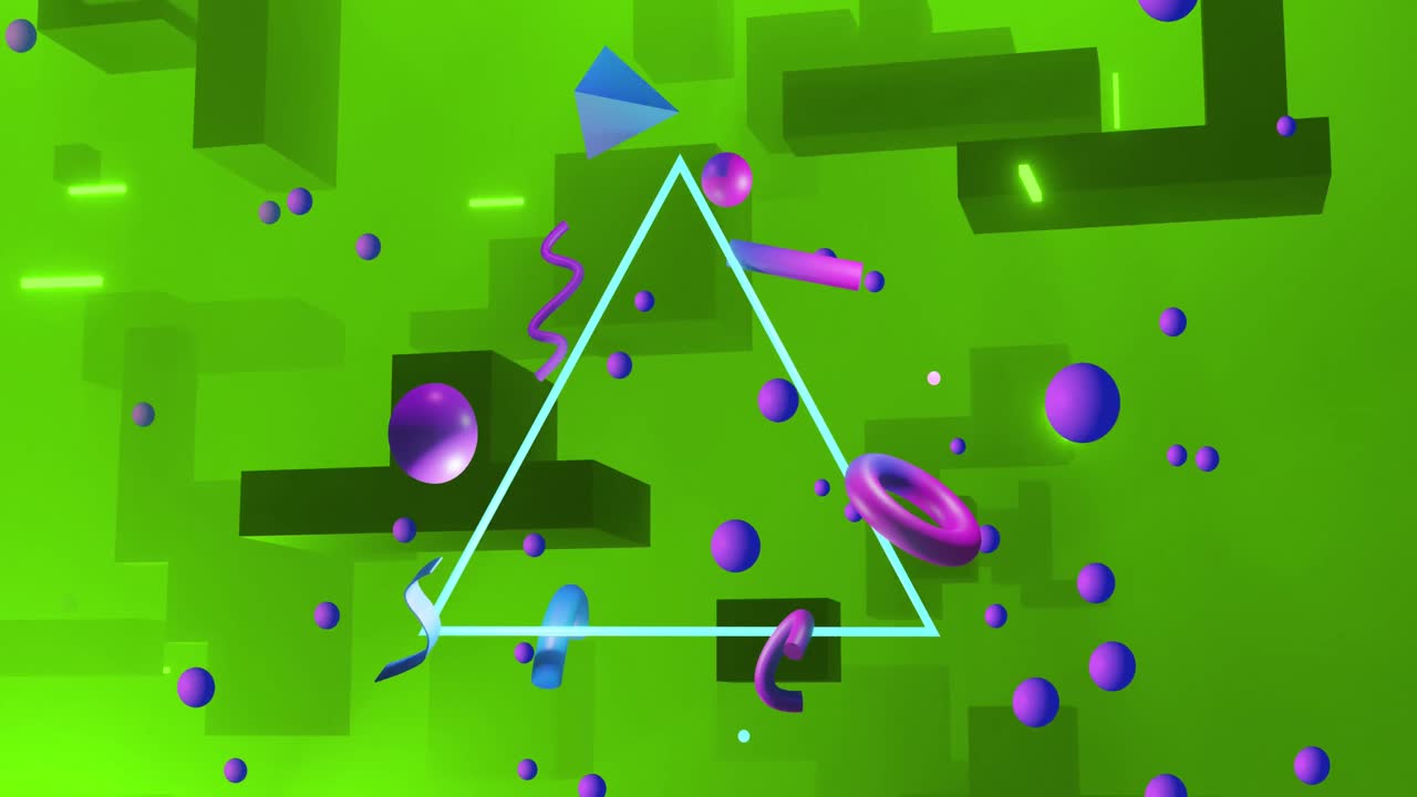 animación de triángulos, rastros de luz y formas abstractas que se mueven sobre un fondo verde