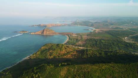 Panoramic-aerial-view-of-Kuta-Lombok-Beach-Island,-South-of-Lombok,-Indonesia