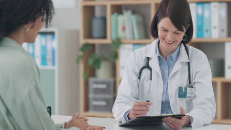 Meeting,-doctor-and-woman-with-tablet-in-office