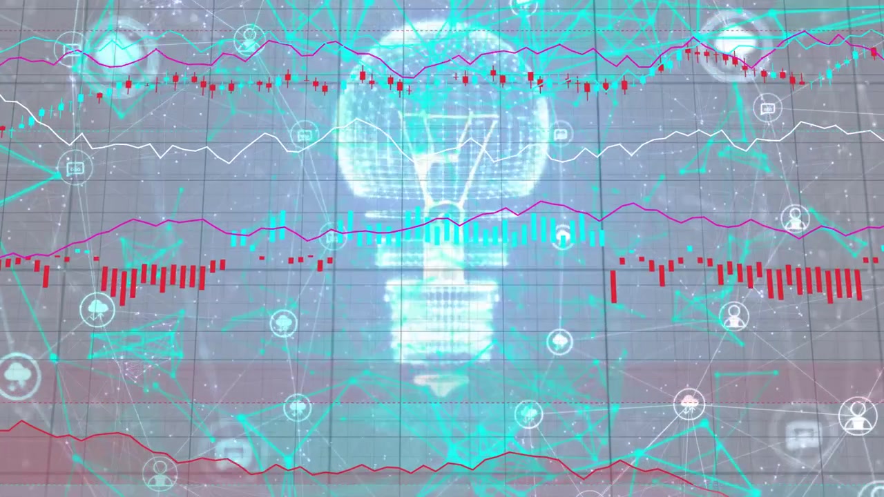 Data stream starting, hologram bulb brightening, teal nodes pulsing and charts moving showing data