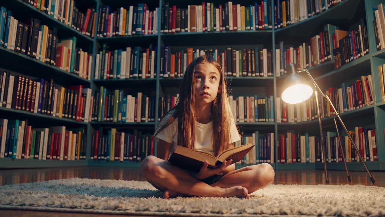 Una bambina legge un libro su un tappeto in una biblioteca accogliente, circondata da scaffali.