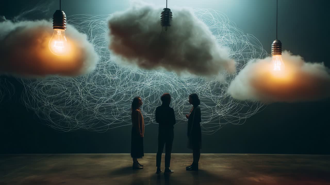 Three individuals engage in a profound discussion beneath floating clouds and illuminated light bulbs, symbolizing creativity, collaboration, and the exchange of ideas in a surreal environment