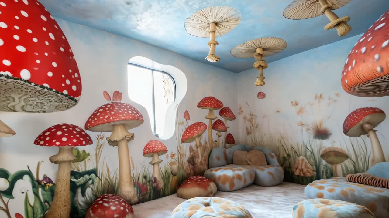 Oversized, colorful mushrooms covering walls and ceiling, transforming interior space with magical ambiance, accompanied by soft seating nestled beneath fantastical fungi landscape