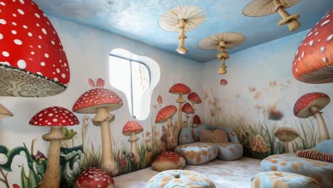oversized, colorful mushrooms covering walls and ceiling, transforming interior space with magical ambiance, accompanied by soft seating nestled beneath fantastical fungi landscape