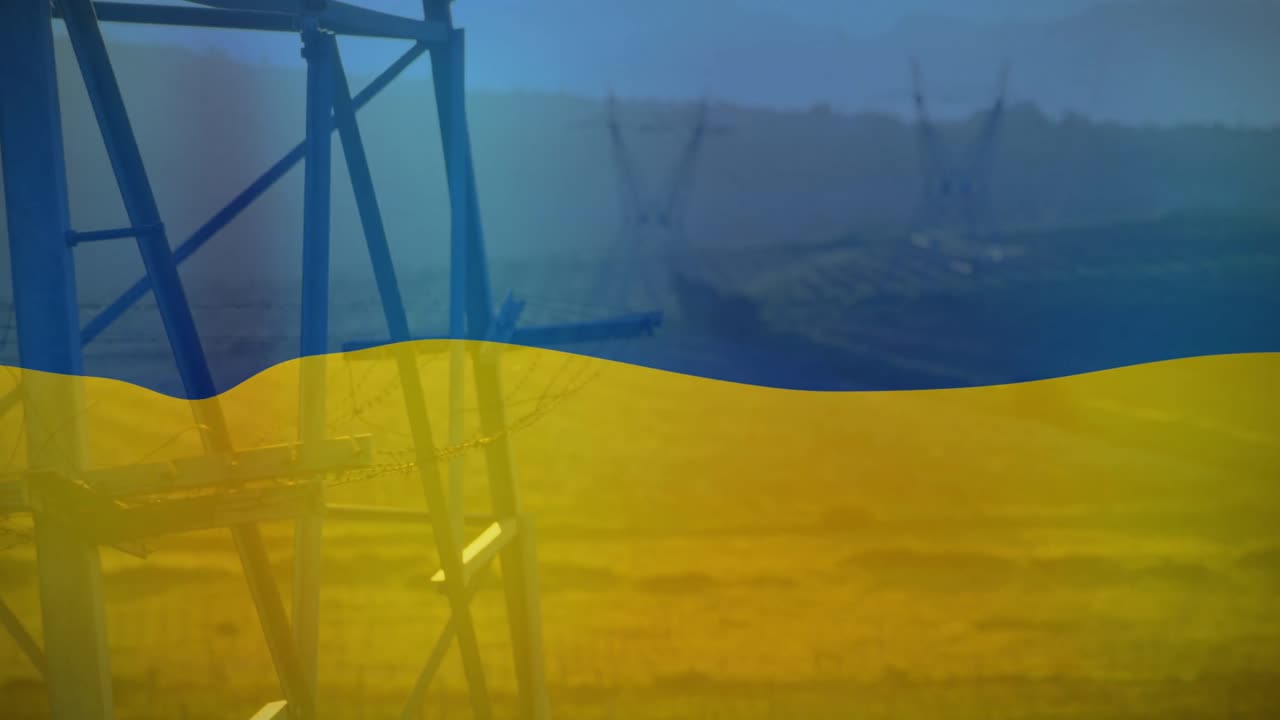 우크라이나의  ⁇ 발의 애니메이션 필드 및 전기 기둥 위에