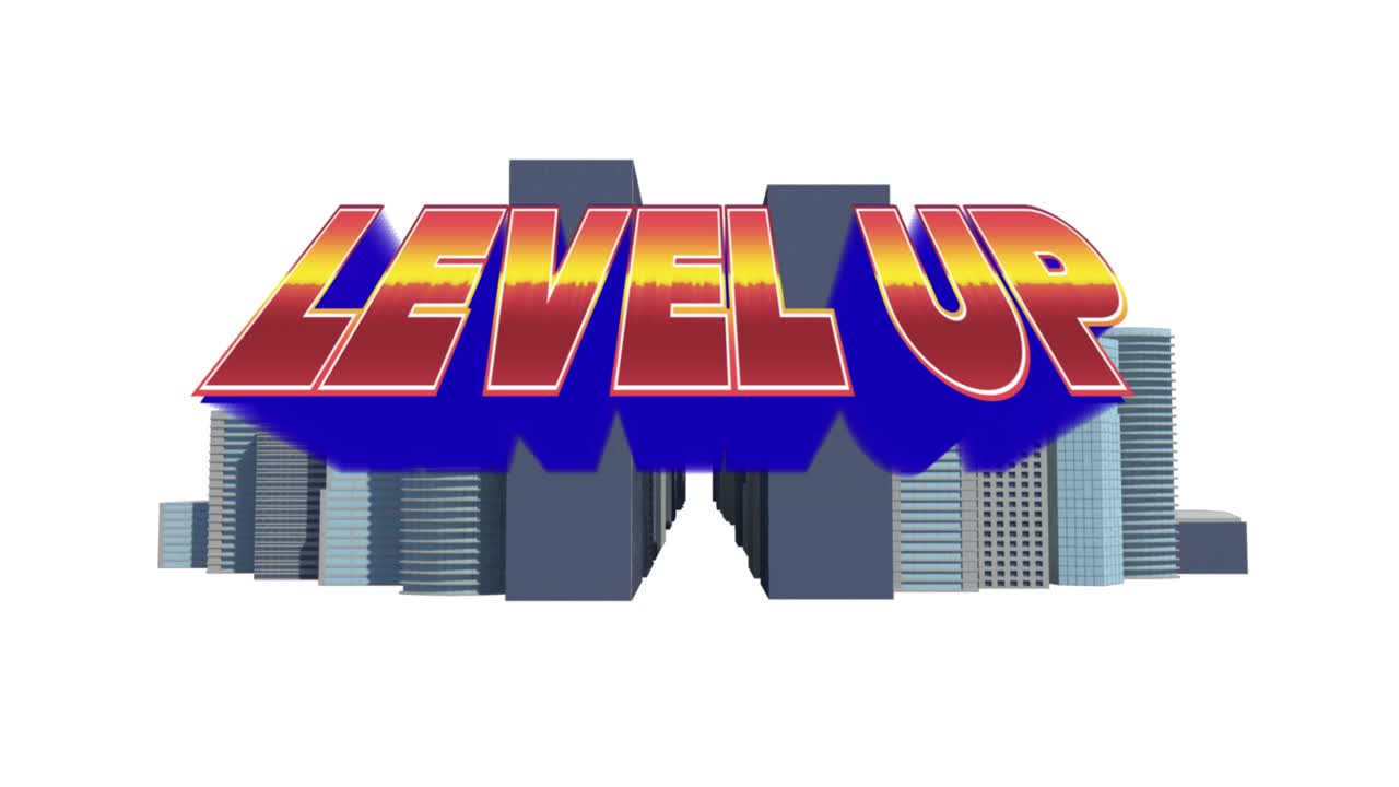 ⁇ 색 배경에 있는 도시 풍경 위의 레벨 업 텍스트의 애니메이션