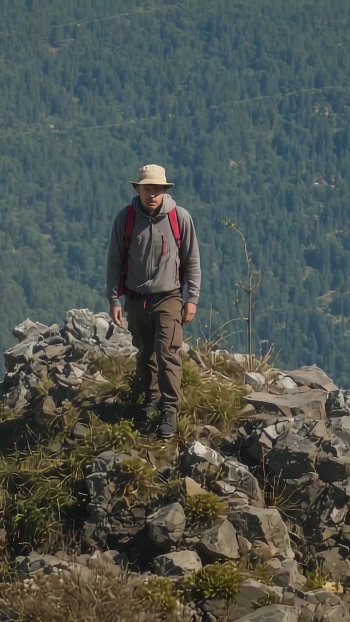 Vídeo vertical: excursionista caminando por la cresta hacia la cámara, con un sombrero de ala ancha y una mochila roja
