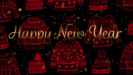 animation of new year greetings over christmas jumper and hat pattern in background