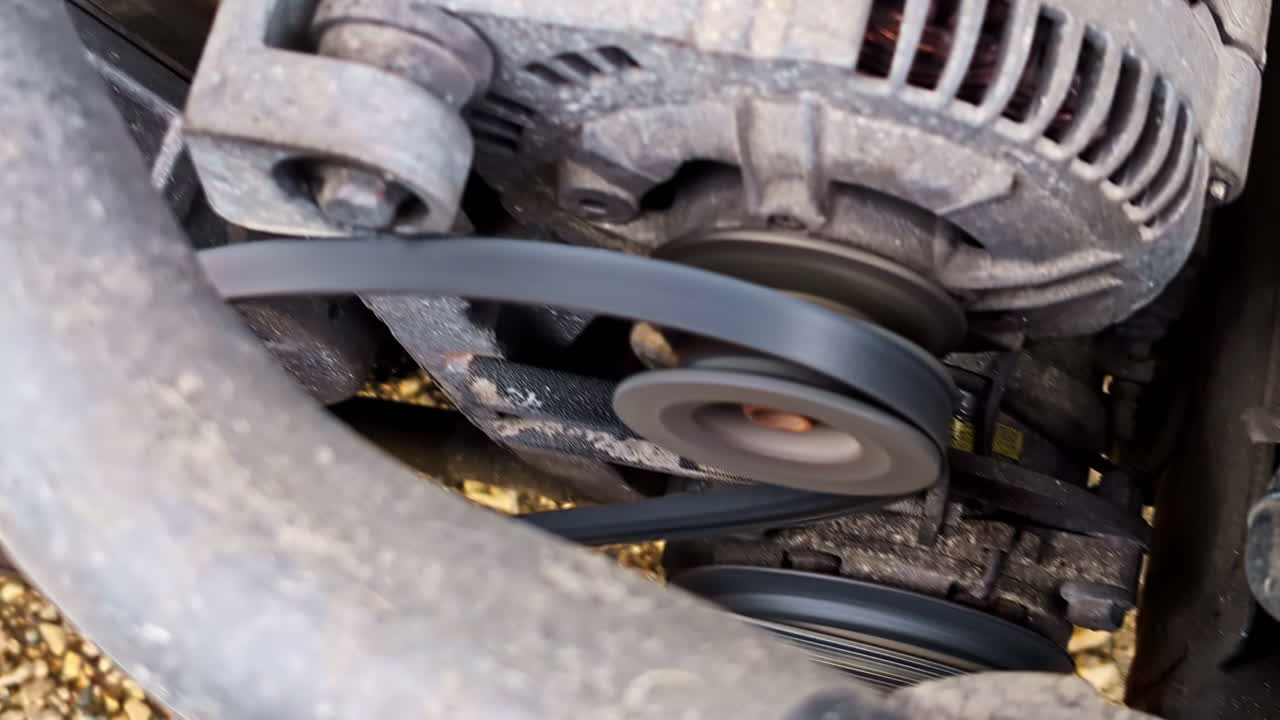 Close-up of a mechanized belt system rotating inside a motorized machine