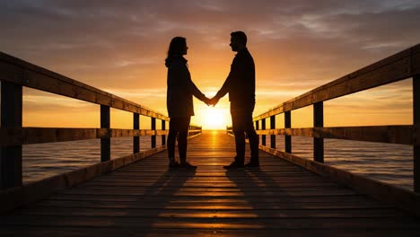a romantic silhouette of a couple holding hands on a pier at sunset, bathed in warm golden light, creating a stunning and intimate atmosphere