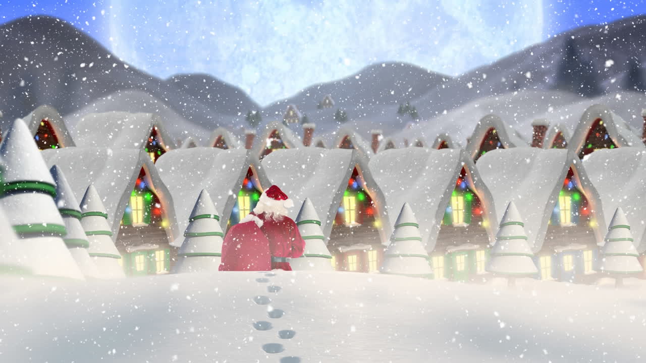 산타 클로즈가 눈이 내리는 겨울 풍경을 돌아다니고 있습니다.