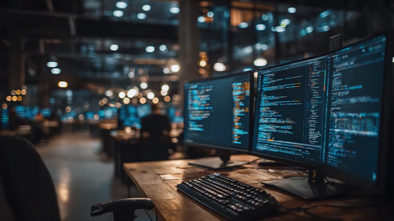 A High-Tech Programming Environment Showcasing Dual Monitors with Colorful Code in a Modern Office Setup, Illuminated by Ambient Lighting and Sleek Furniture