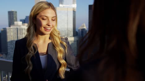 handshake greeting between multi ethnic business female colleagues