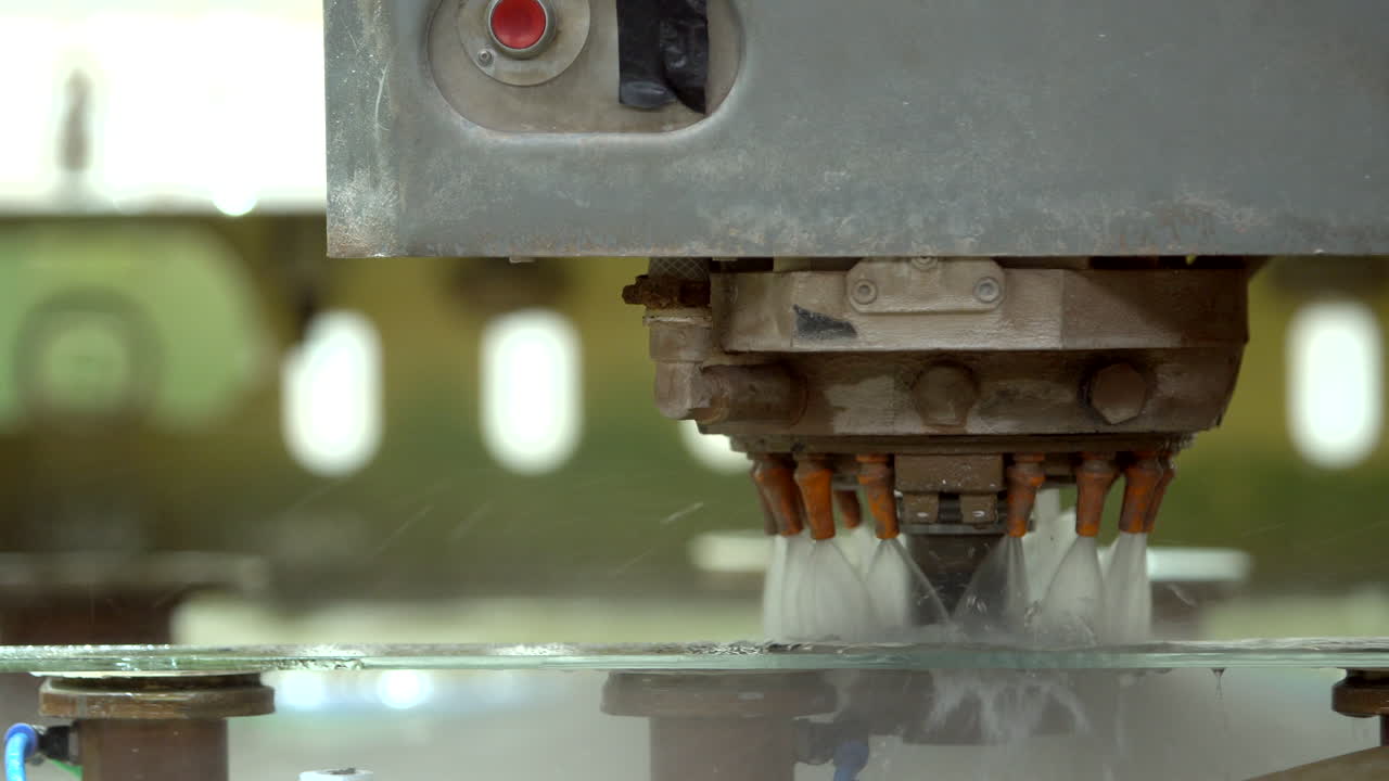 Primo piano di pannello di vetro in fresatura con una macchina CNC a raffreddamento ad acqua