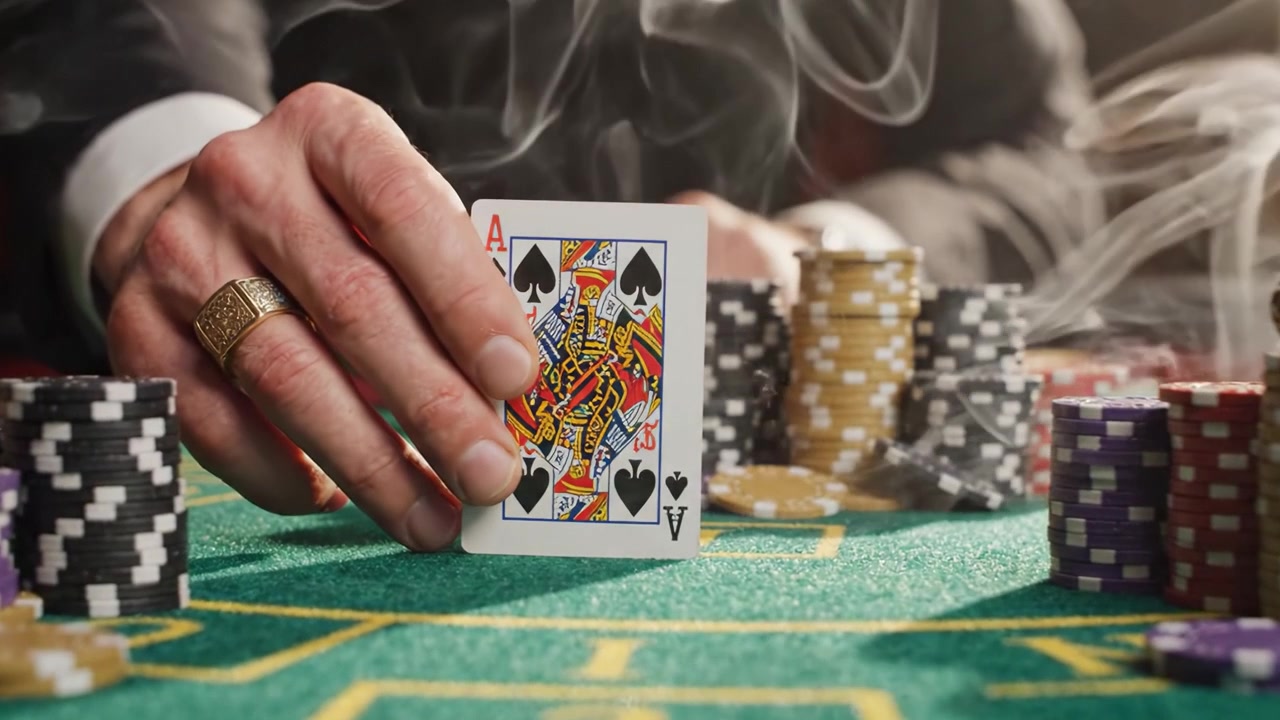 Una partita a carte ad alto rischio: Momenti intensi si susseguono mentre i giocatori scommettono strategicamente e gestiscono le fiches nell'atmosfera emozionante di un ambiente da casinò.