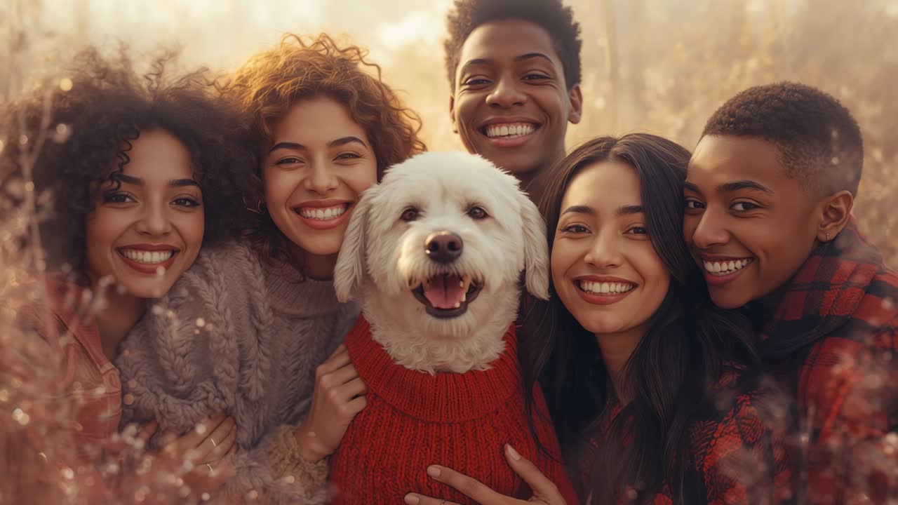 Camera starting friends adjusting around white dog in red knit sweater in autumn woods for portrait