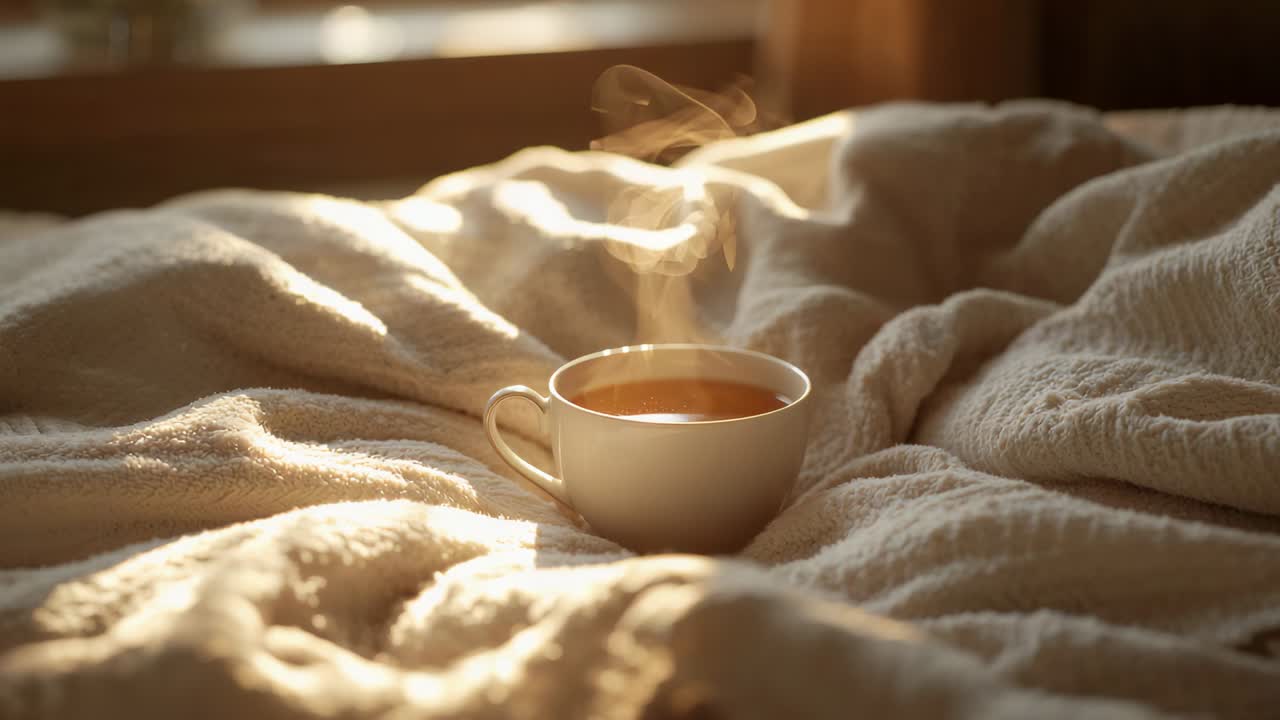 Steaming white cup releasing steam on cream duvet near blinds, warm sunlight shaping steam from tea