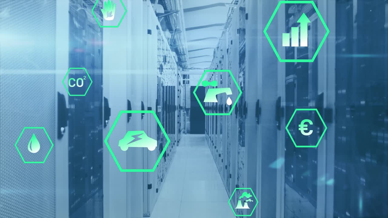 animación de iconos digitales sobre la sala del servidor