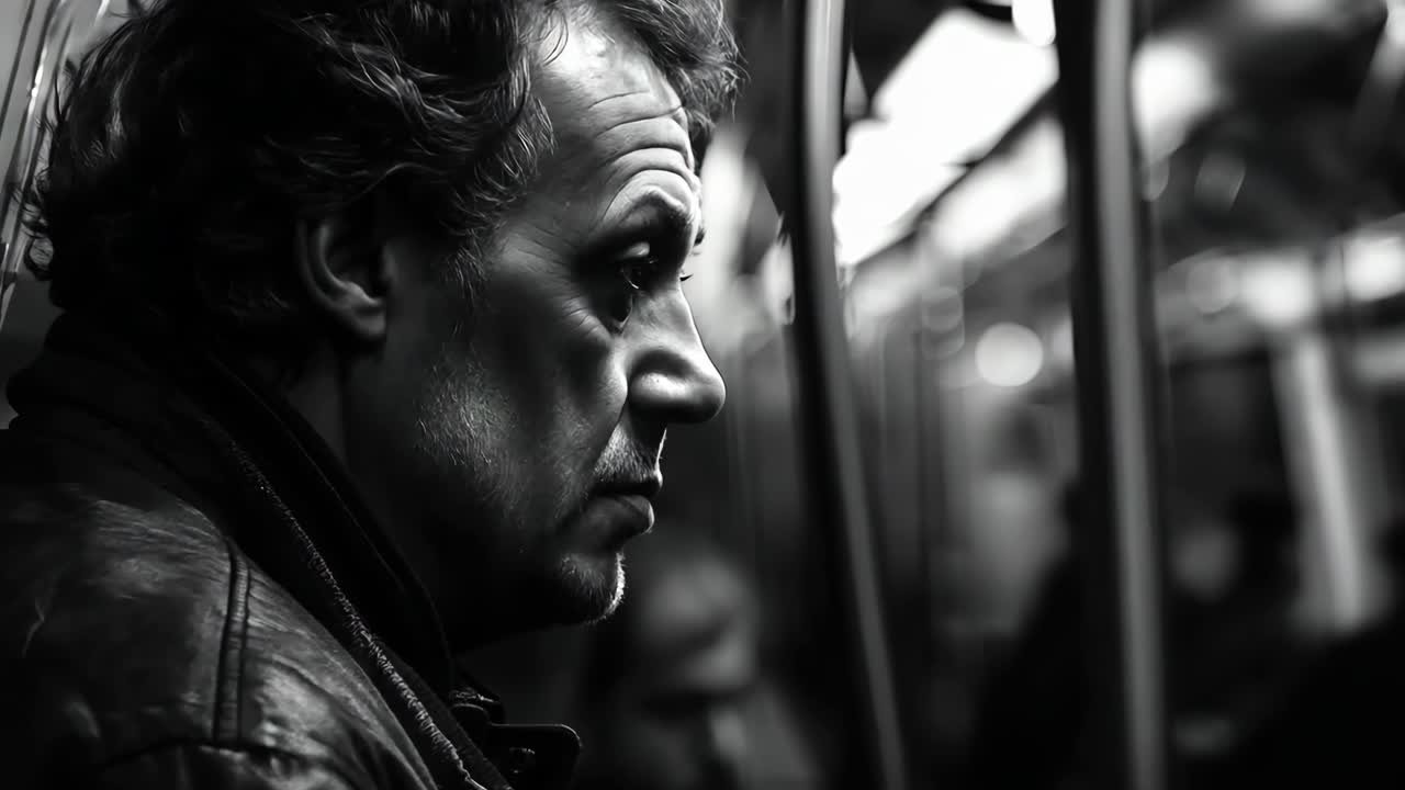 un hombre con una chaqueta de cuero sentado en un tren subterráneo