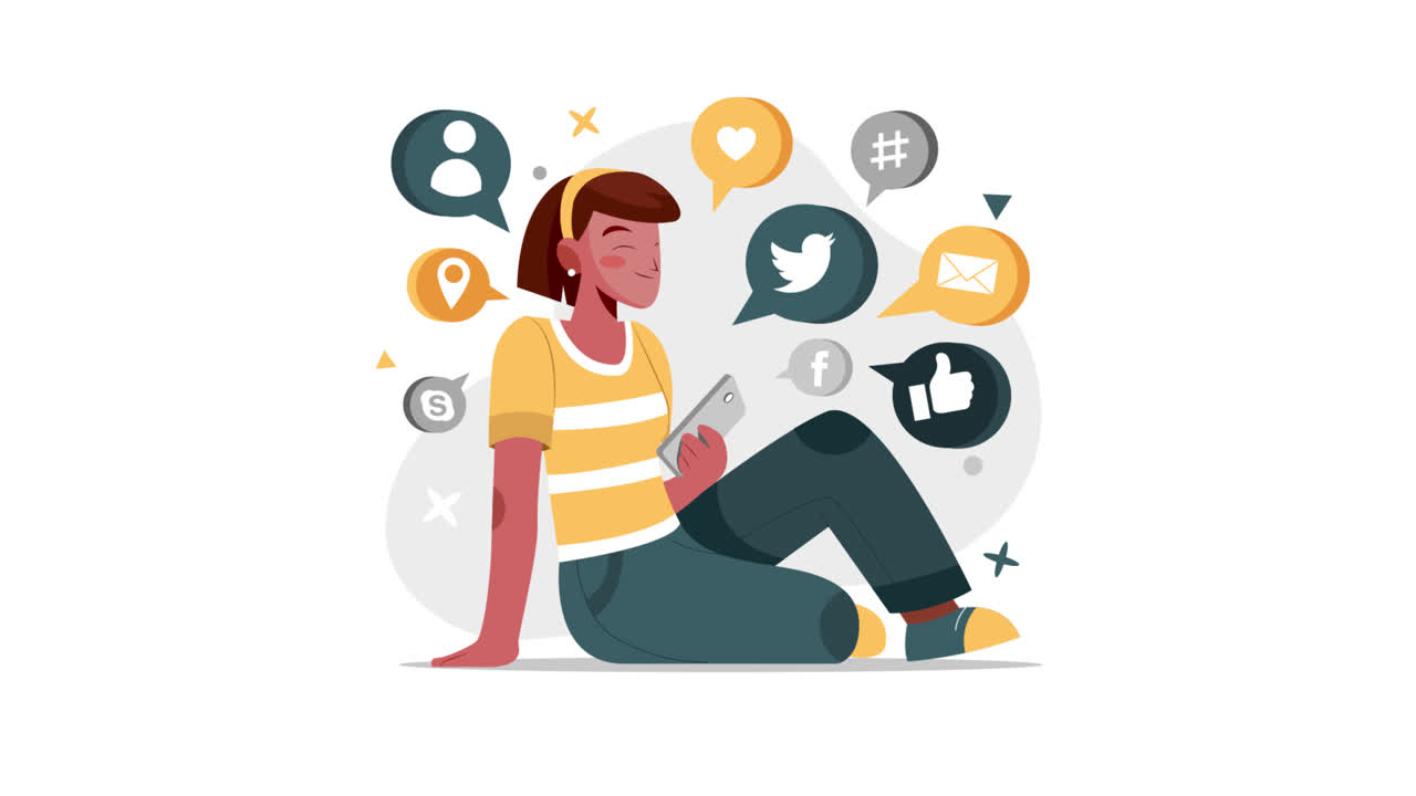 소셜 미디어 아이콘을 가진 스마트폰을 사용하는 여성