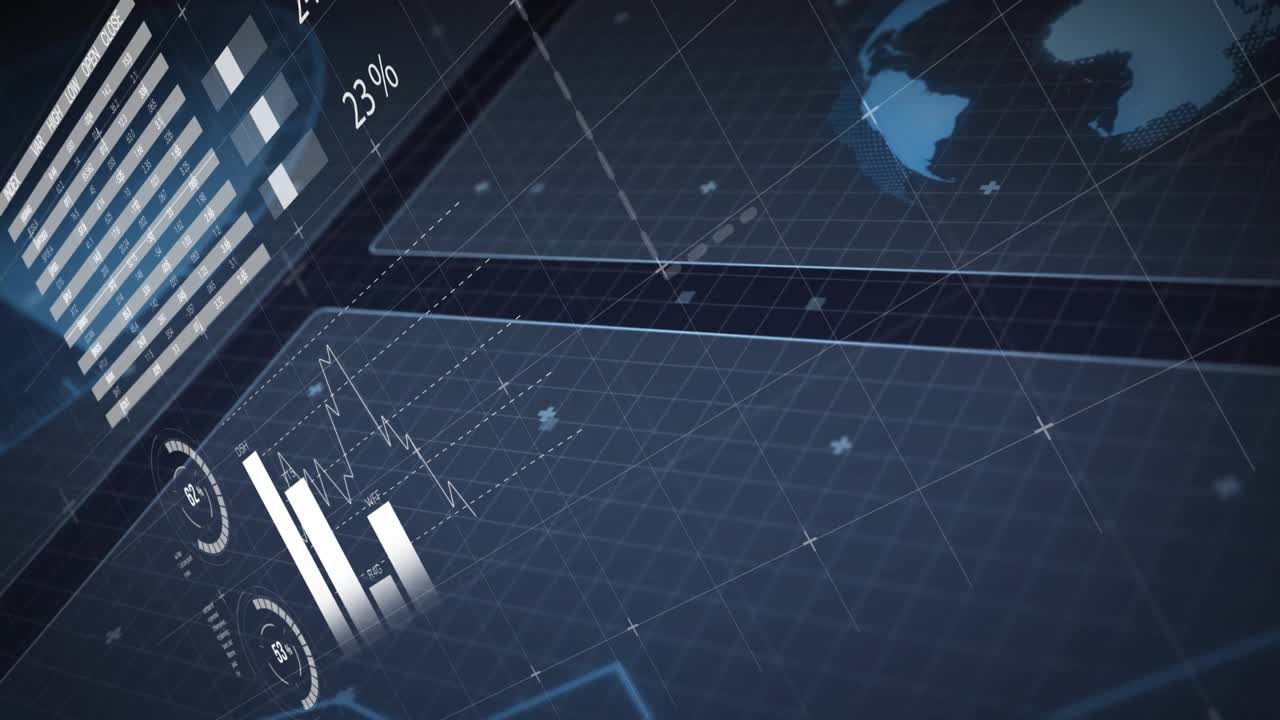 Bar, line charts sliding on blue grid, animating pie charts, world map, text for data visualization