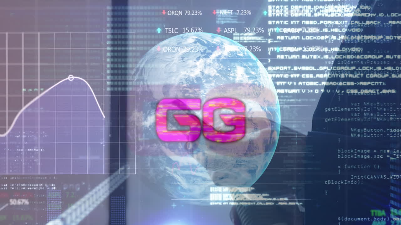 animación de procesamiento de texto y datos de 6g sobre empresario caucásico usando teléfono inteligente en la oficina