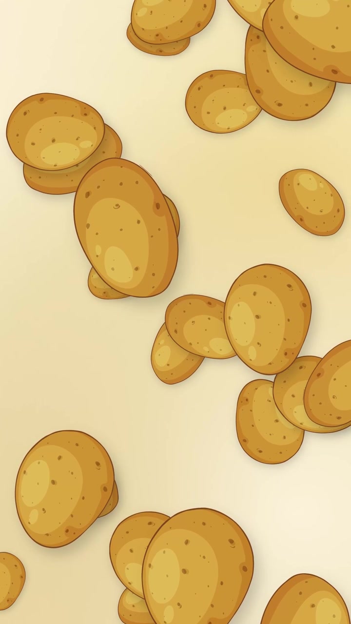 Stylized 2D cartoon potatoes fall vertically through the frame on a neutral mesh background.