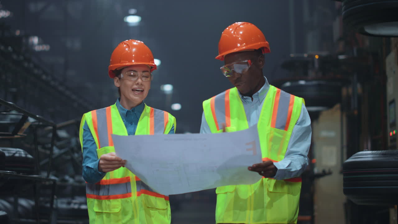 Professional partners holding paper plan manufacturing company project.