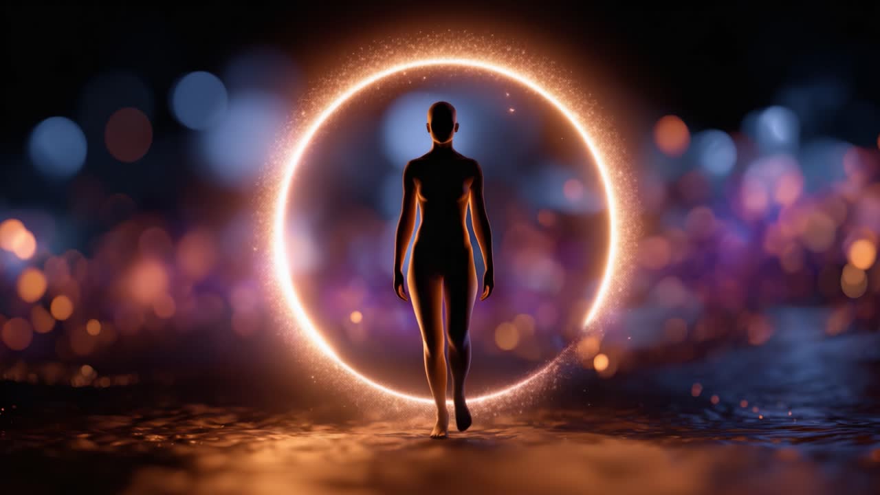 A silhouette figure steps confidently through a glowing circular portal, surrounded by shimmering lights and sparkling bokeh effects that enhance the mystical ambiance