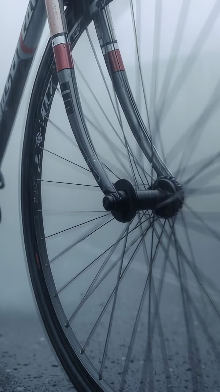 Vertical video: Starting front bicycle wheel and fork spinning on wet asphalt, flinging droplets