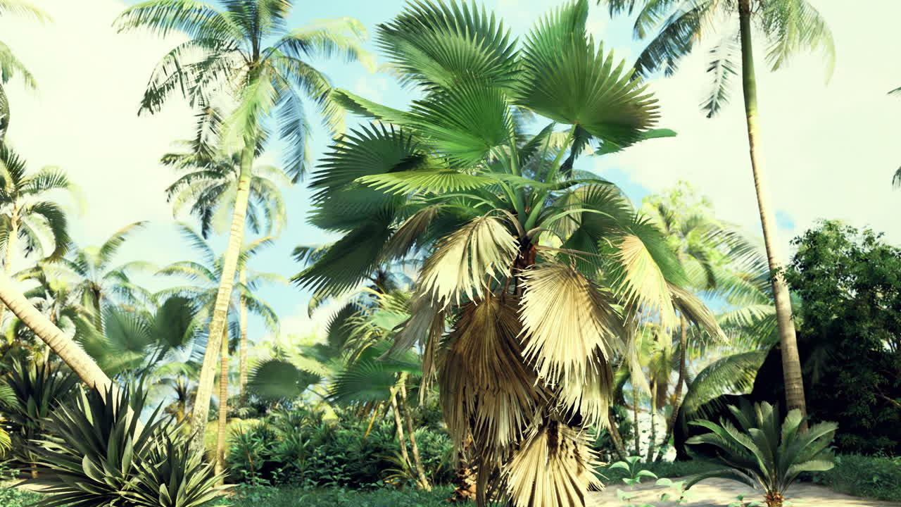 Lush tropical garden with palm trees in bright daylight setting
