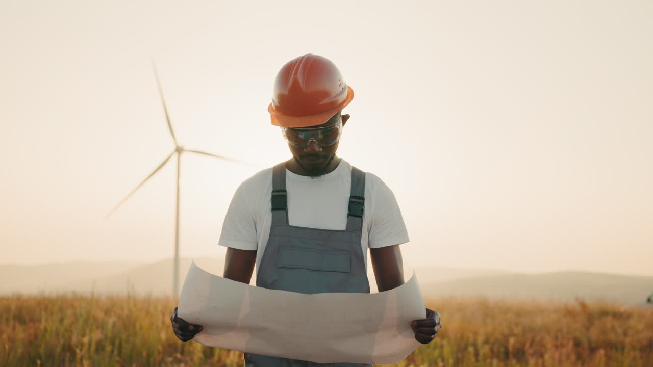 ingeniero revisando planes en un parque eólico